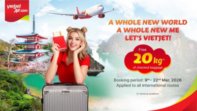 비엣젯 3월 행운권, 20kg 무료 수하물 혜택, 999.9 냥 금화 1냥 당첨 기회